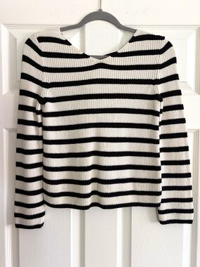 LOFT Black and Cream Striped Long-Sleeve Knit Top